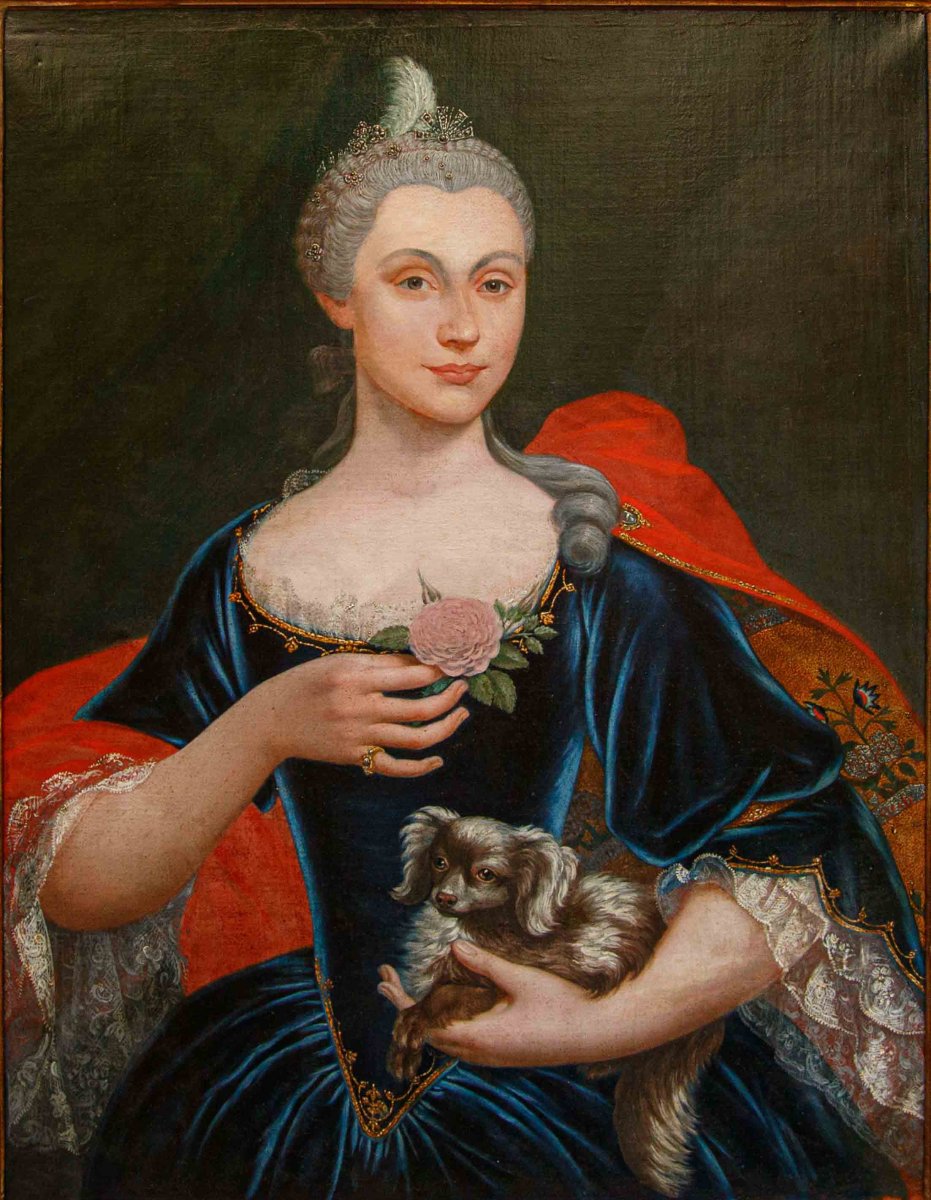 Peintre lombard du XVIIIe siècle, Portrait d’une gentilfemme avec un chien et rose-photo-2