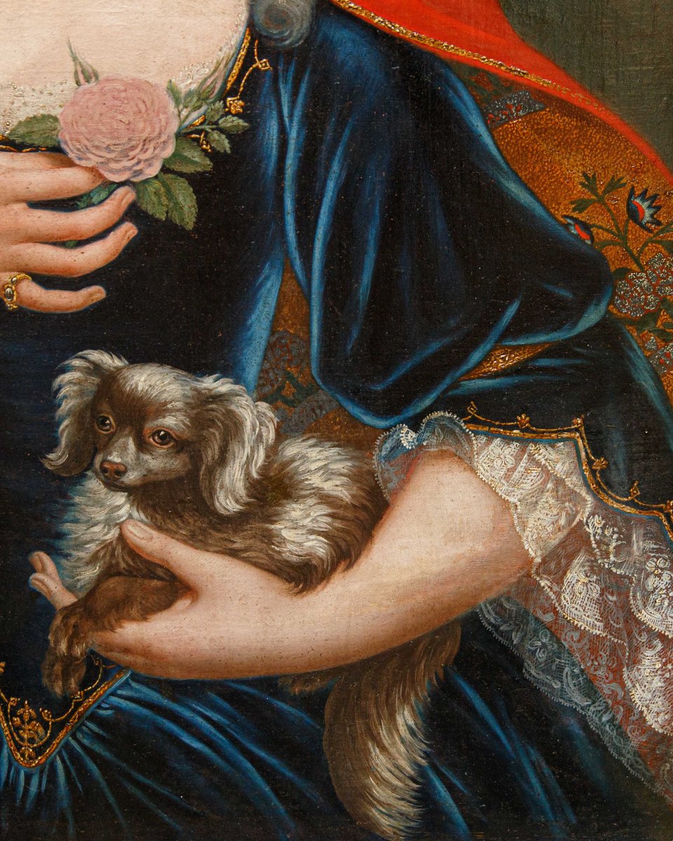 Peintre lombard du XVIIIe siècle, Portrait d’une gentilfemme avec un chien et rose-photo-2