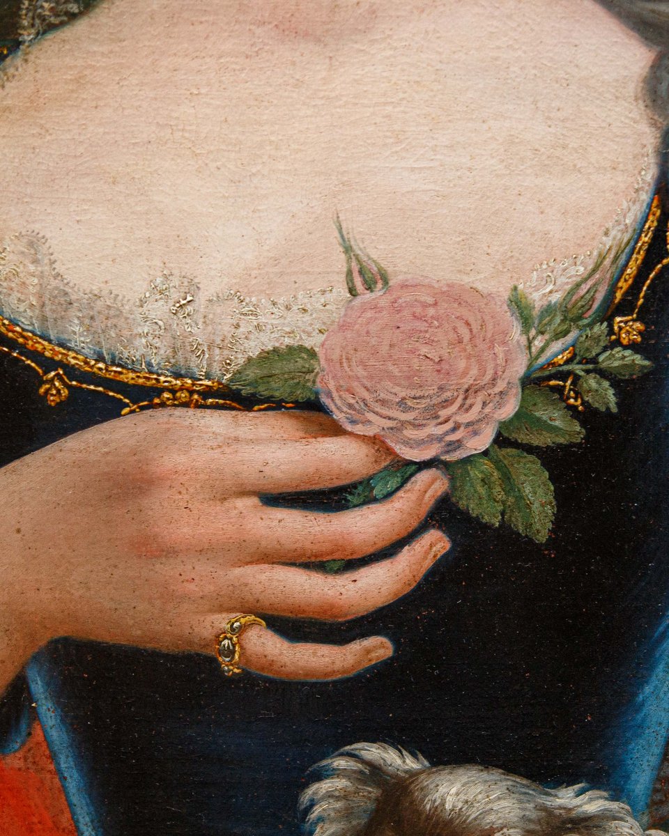 Peintre lombard du XVIIIe siècle, Portrait d’une gentilfemme avec un chien et rose-photo-6