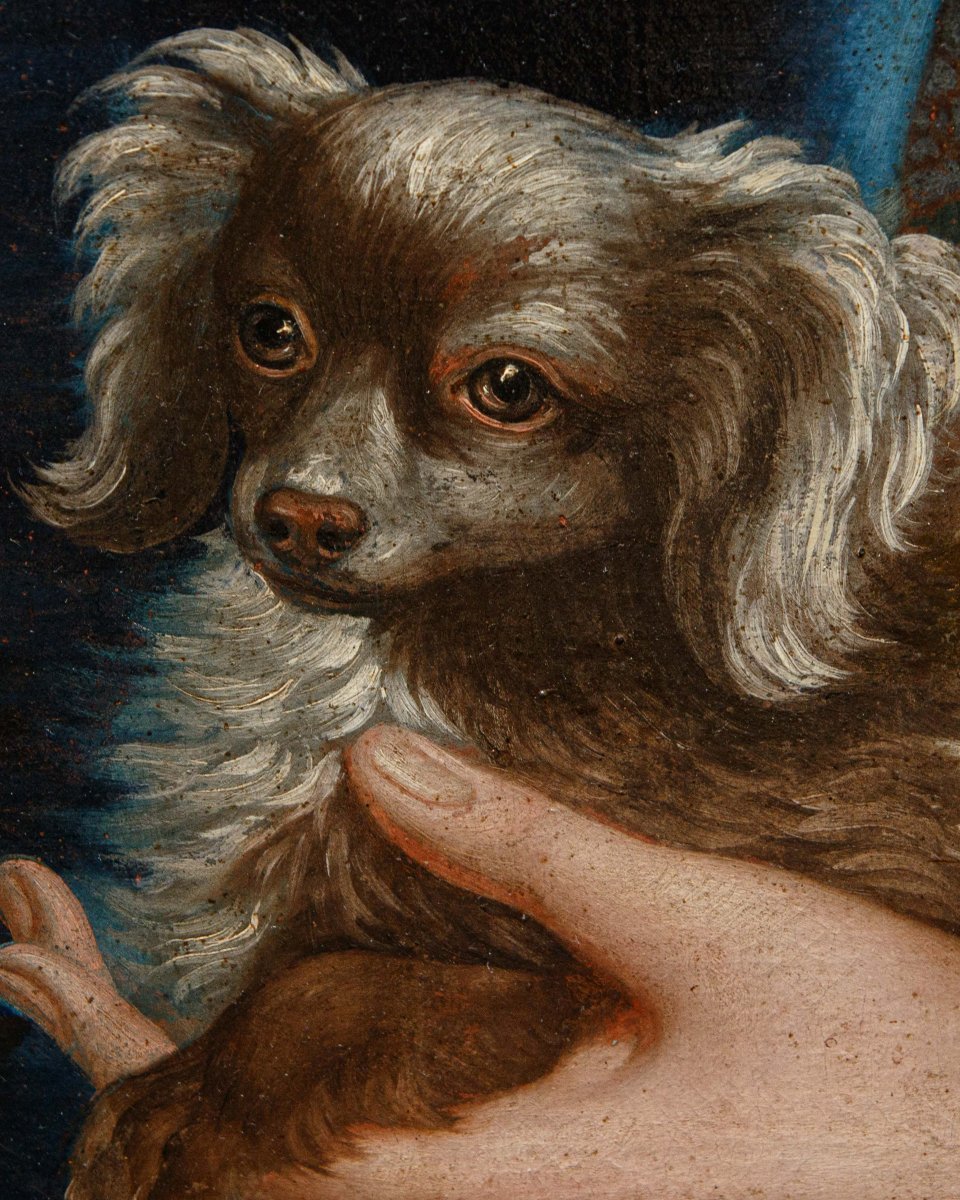 Peintre lombard du XVIIIe siècle, Portrait d’une gentilfemme avec un chien et rose-photo-7