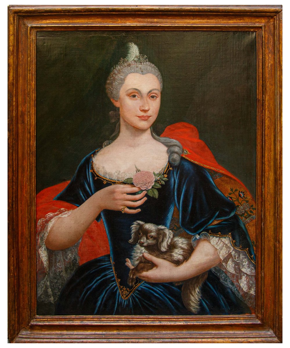 Peintre lombard du XVIIIe siècle, Portrait d’une gentilfemme avec un chien et rose