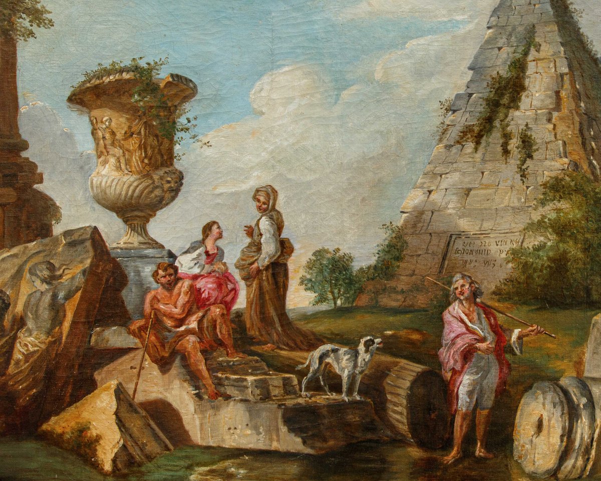 Late 18th Century, By Giovanni Paolo Panini, *capriccio Of Ruins With The Pyramid Of Cestius*-photo-2