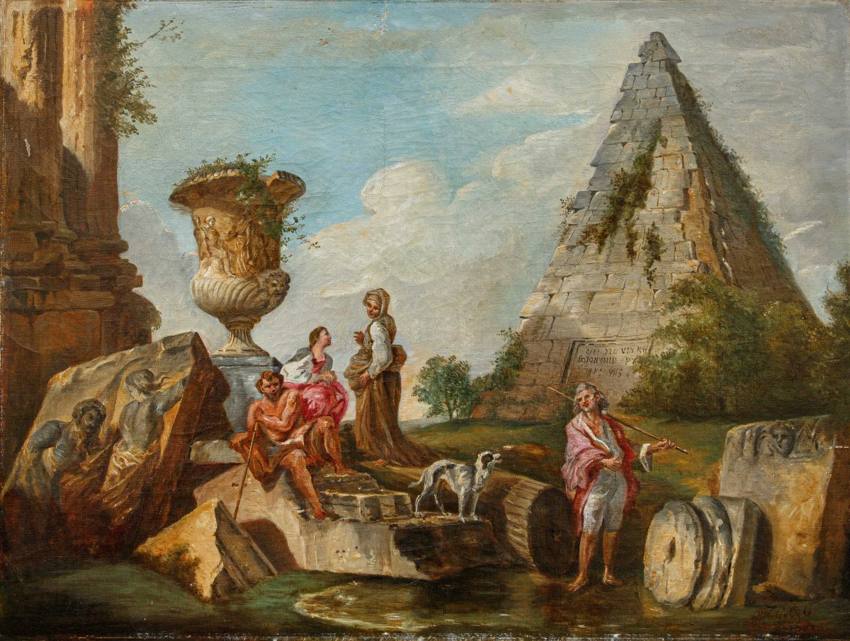 Late 18th Century, By Giovanni Paolo Panini, *capriccio Of Ruins With The Pyramid Of Cestius*