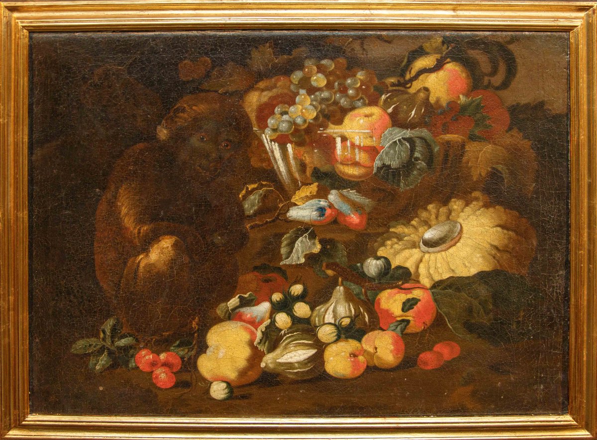 Bottega Degli Spadino, Still Life With Fruit, Pumpkin, And Monkey