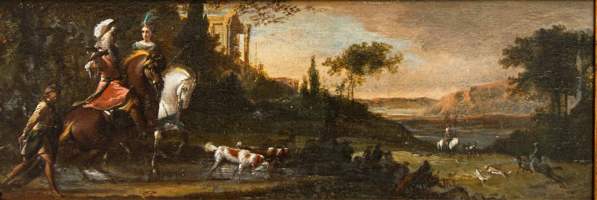 Jan Wyck (1645-1702), atelier de, Couple de nobles à la chasse-photo-2