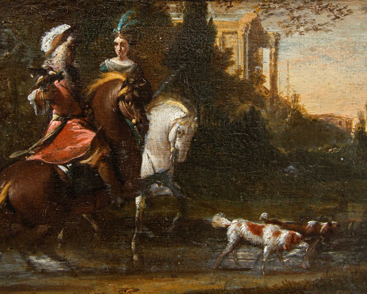 Jan Wyck (1645-1702), atelier de, Couple de nobles à la chasse-photo-4