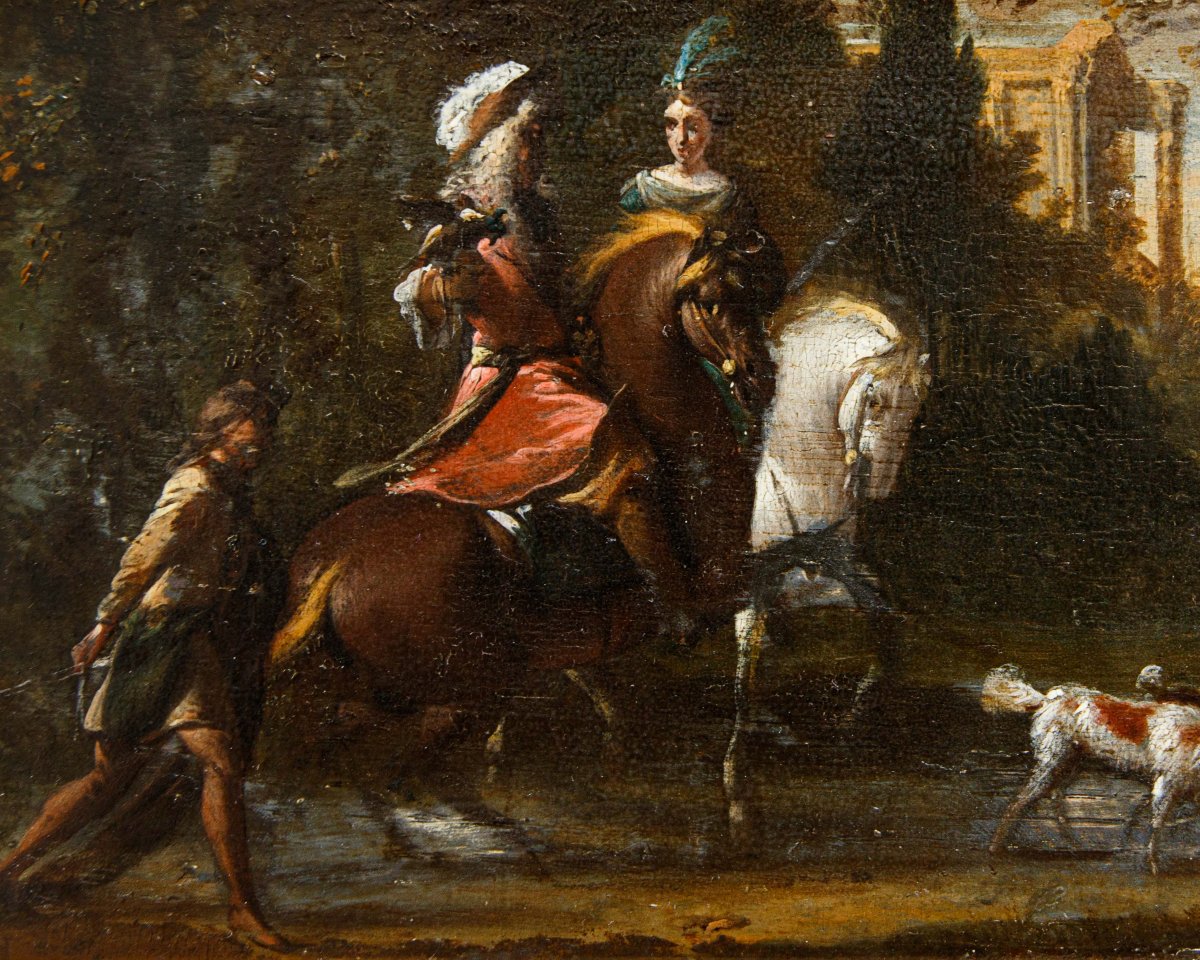 Jan Wyck (1645-1702), atelier de, Couple de nobles à la chasse-photo-4