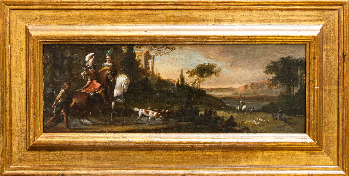 Jan Wyck (1645-1702), atelier de, Couple de nobles à la chasse