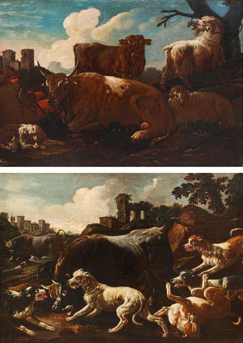 Jacob Roos, dit Rose de Naples, Berger avec des harpons - Taureau assailli par des chienes-photo-2