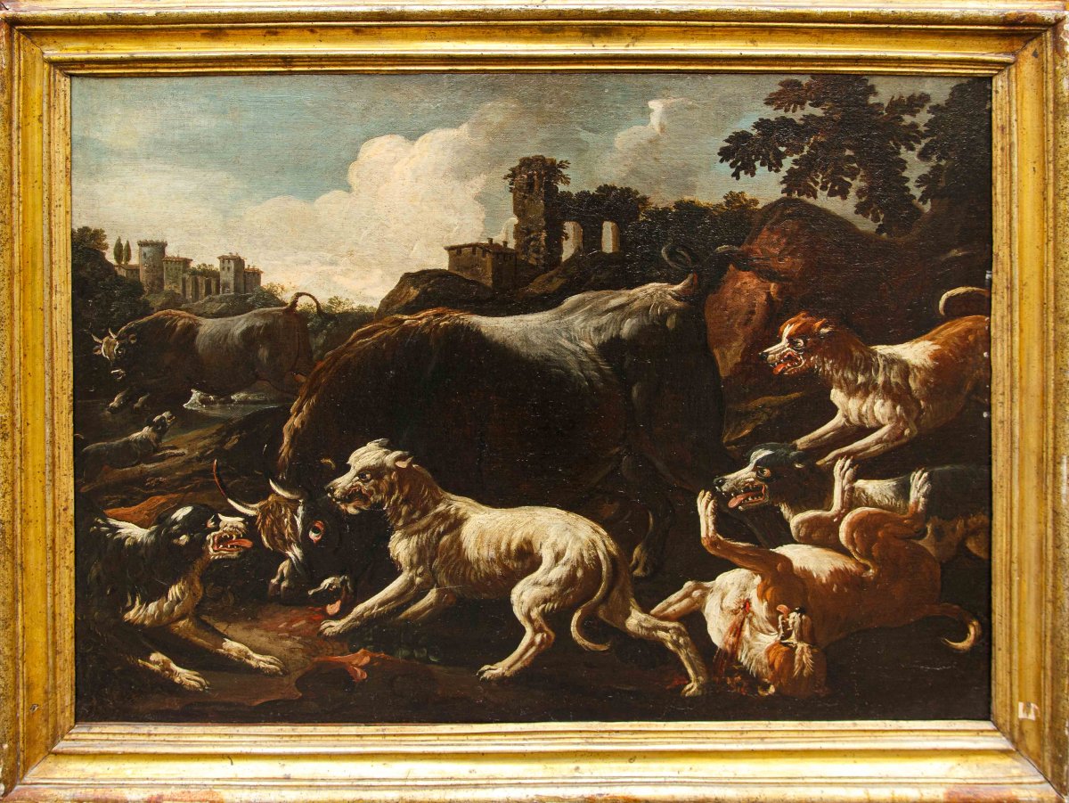 Jacob Roos, dit Rose de Naples, Berger avec des harpons - Taureau assailli par des chienes-photo-3