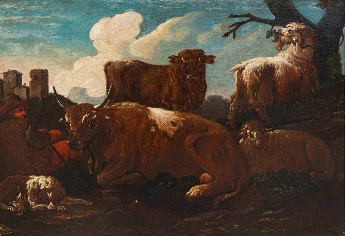 Jacob Roos, dit Rose de Naples, Berger avec des harpons - Taureau assailli par des chienes-photo-1