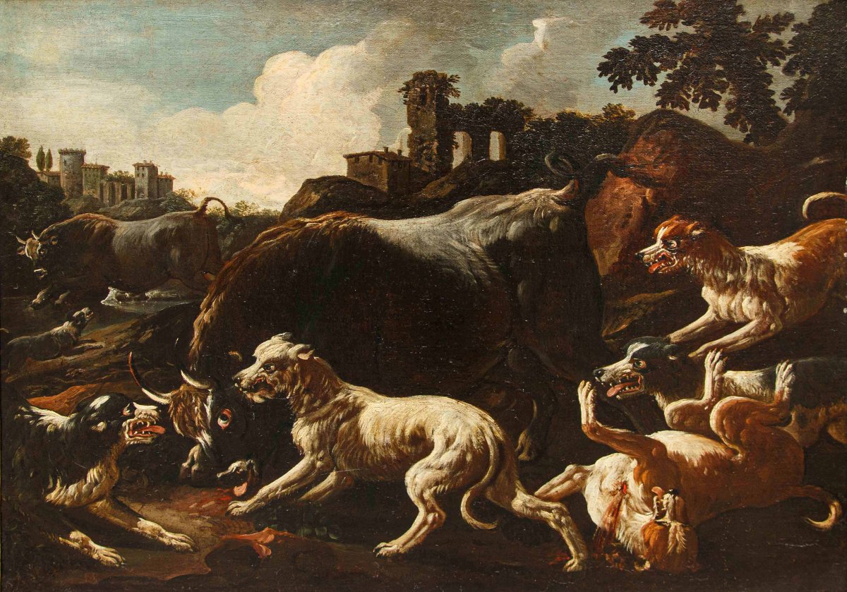 Jacob Roos, dit Rose de Naples, Berger avec des harpons - Taureau assailli par des chienes-photo-2