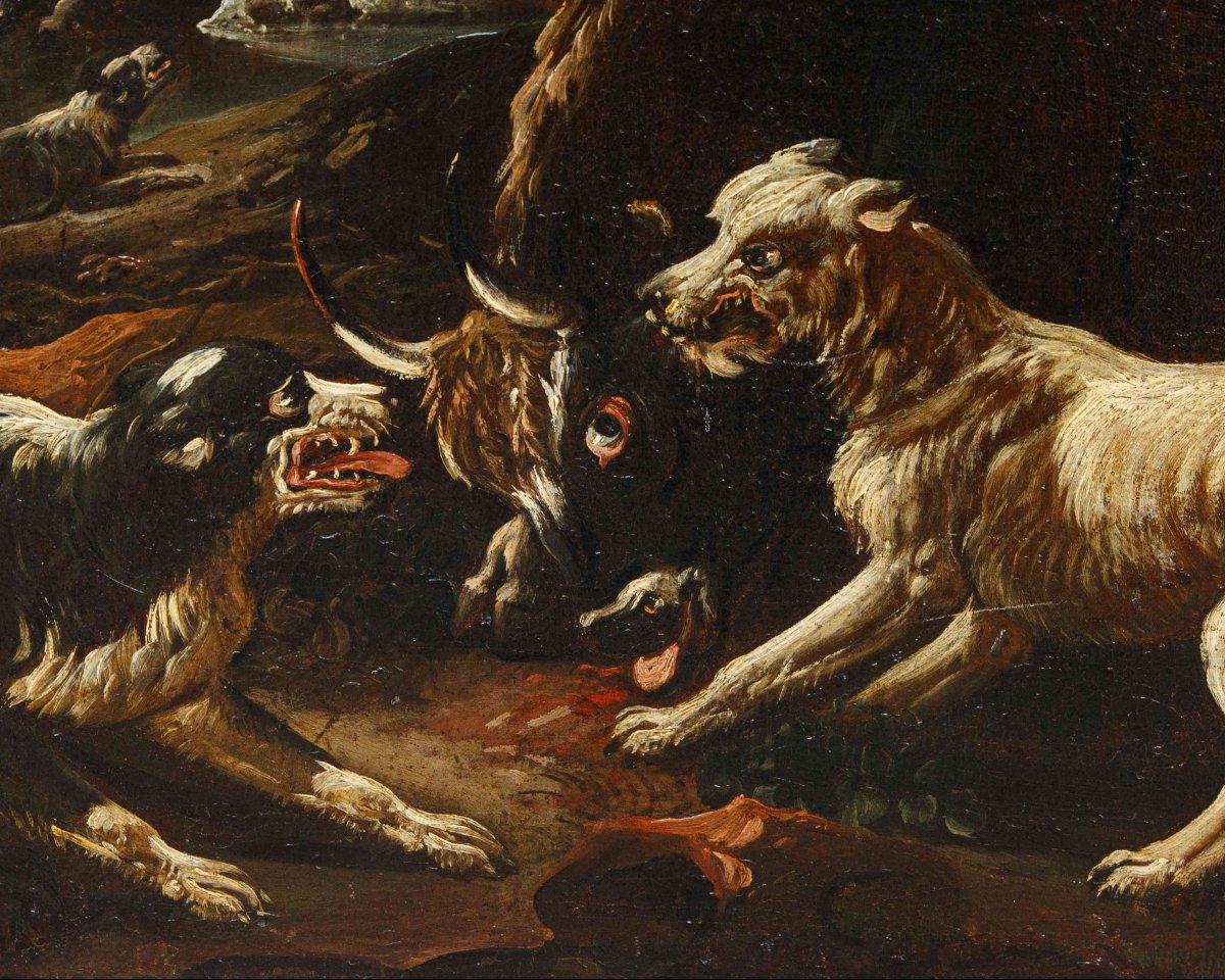 Jacob Roos, dit Rose de Naples, Berger avec des harpons - Taureau assailli par des chienes-photo-5