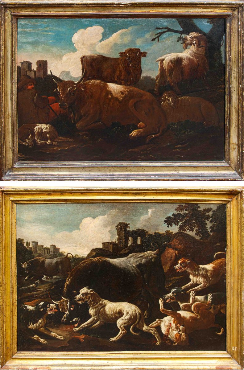 Jacob Roos, dit Rose de Naples, Berger avec des harpons - Taureau assailli par des chienes