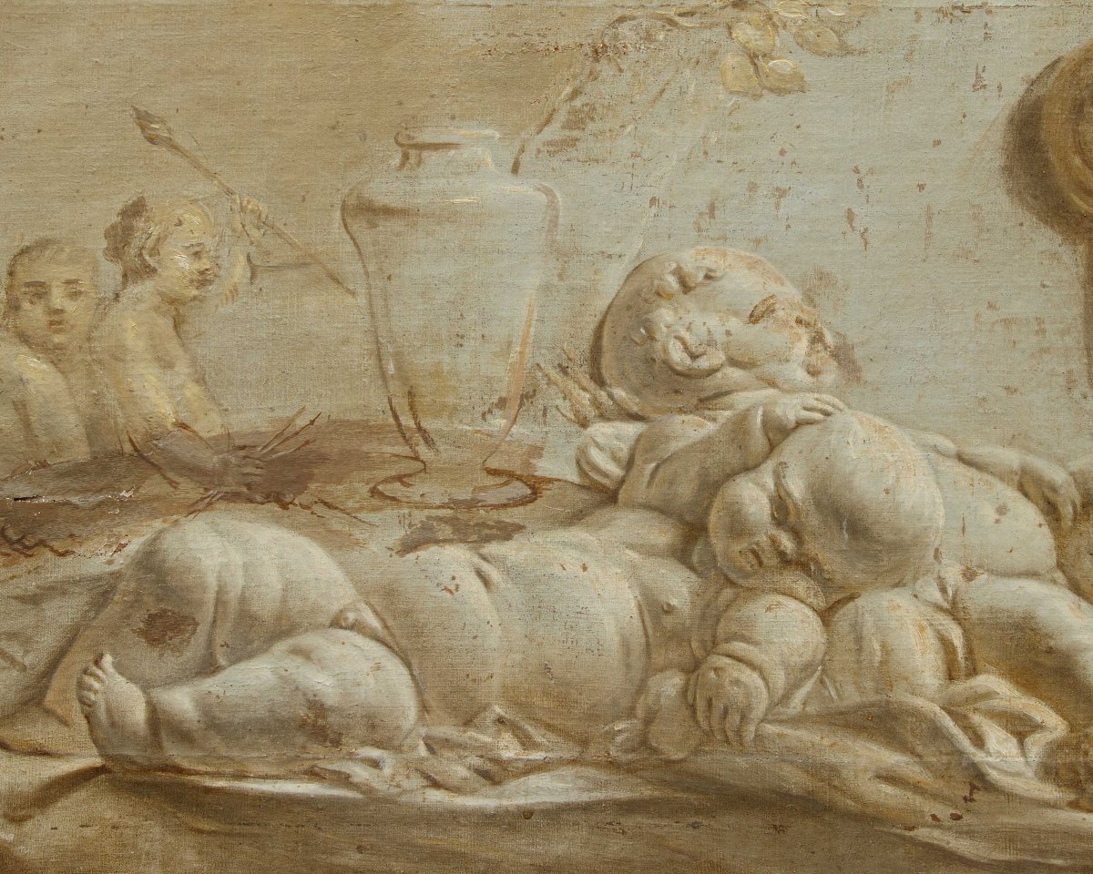 France, Second Half Of The 18th Century, Trompe-l'œil Of A Marble Bas-relief Featuring Cherubs-photo-3