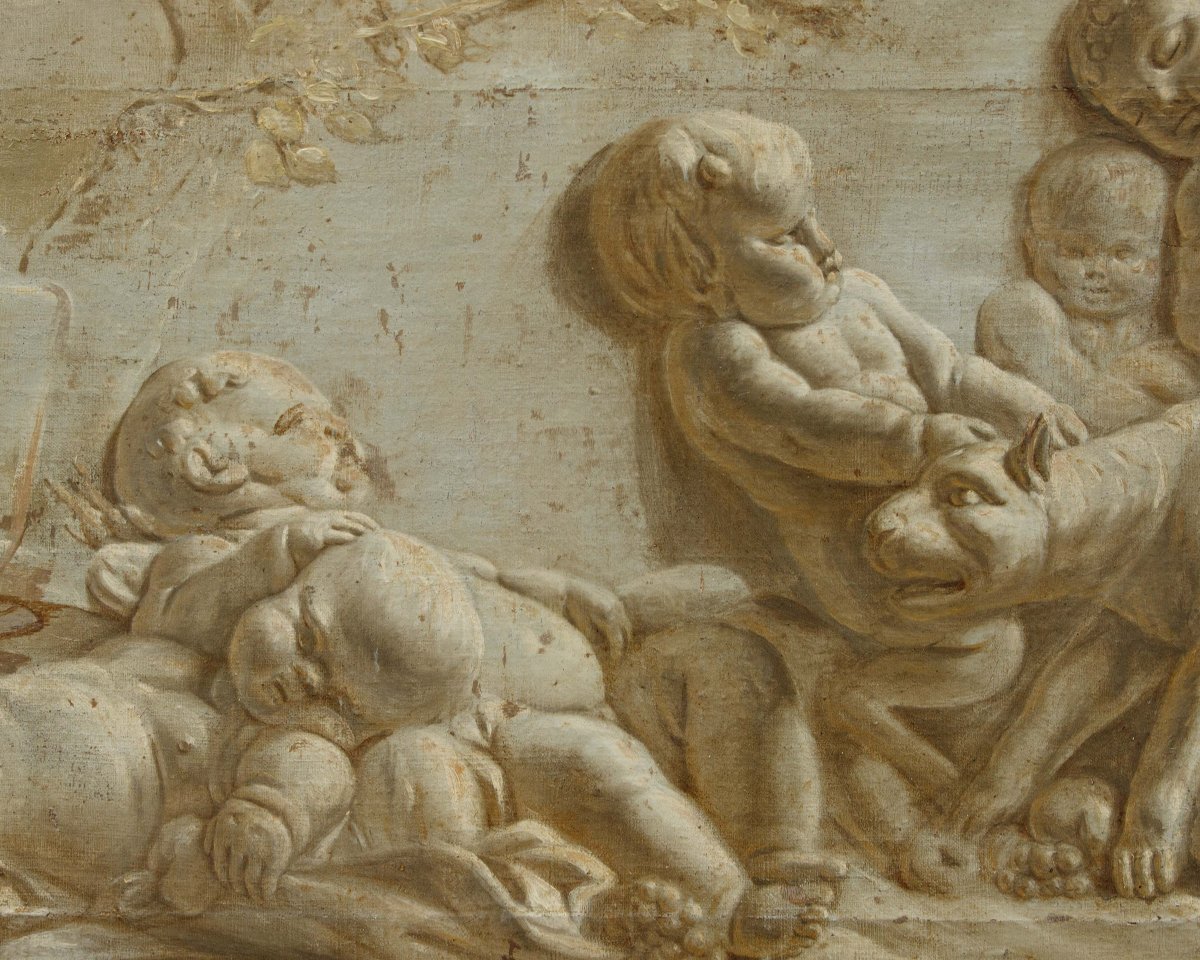 France, Second Half Of The 18th Century, Trompe-l'œil Of A Marble Bas-relief Featuring Cherubs-photo-4