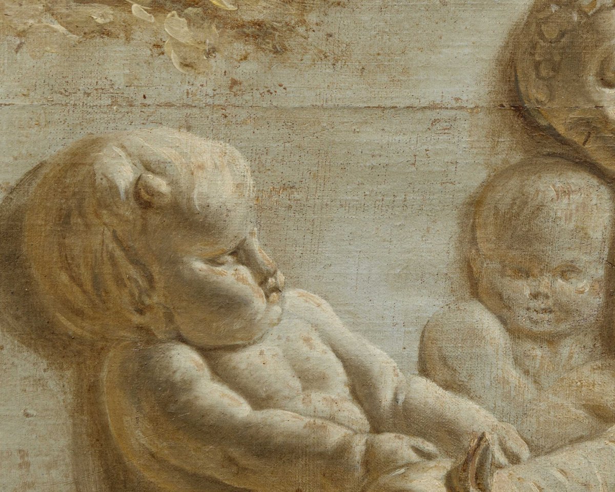 France, Second Half Of The 18th Century, Trompe-l'œil Of A Marble Bas-relief Featuring Cherubs-photo-2