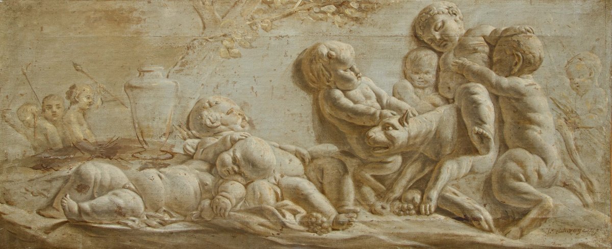 France, Second Half Of The 18th Century, Trompe-l'œil Of A Marble Bas-relief Featuring Cherubs