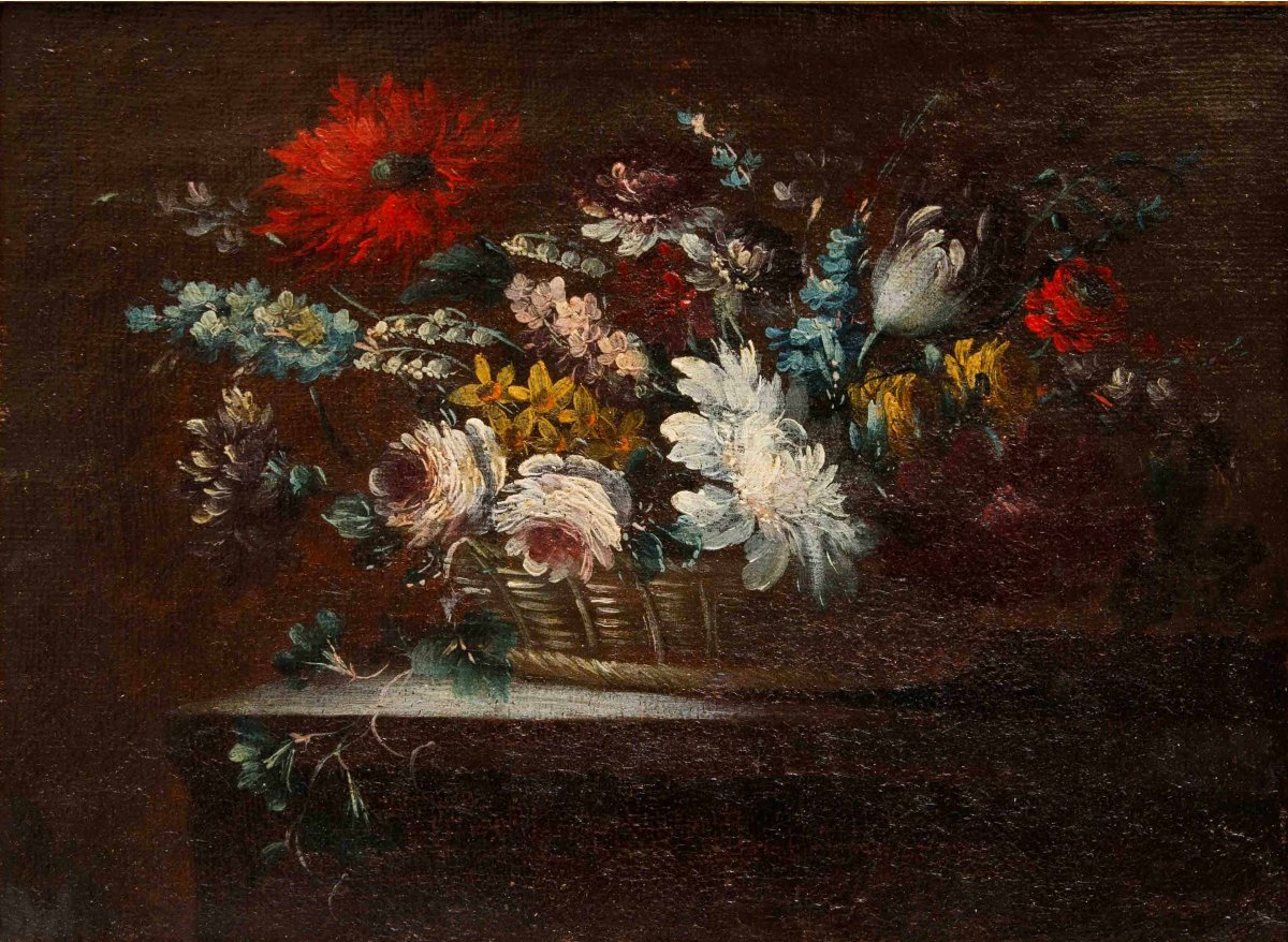 École napolitaine du XVIIIe siècle, Vase et panier de fleurs-photo-3