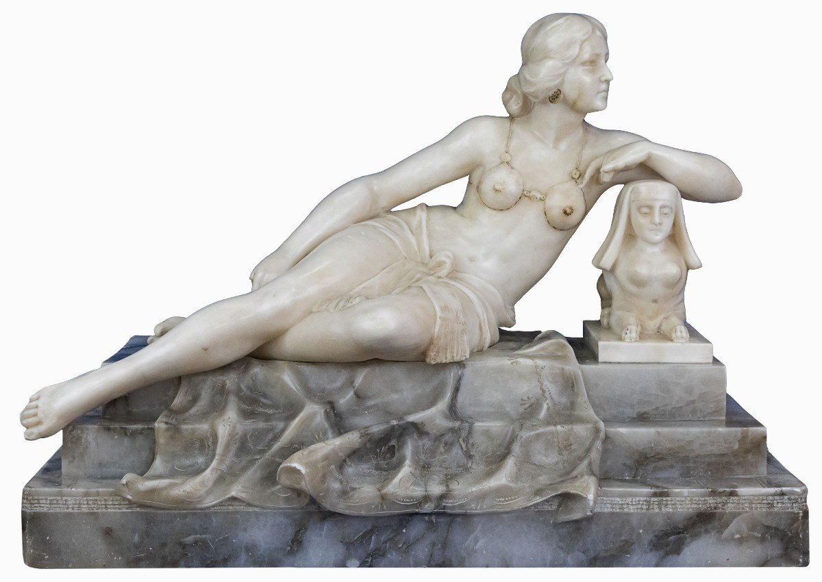 Reclining Woman With Sphinx, Alabaster Sculpture, 20th Century