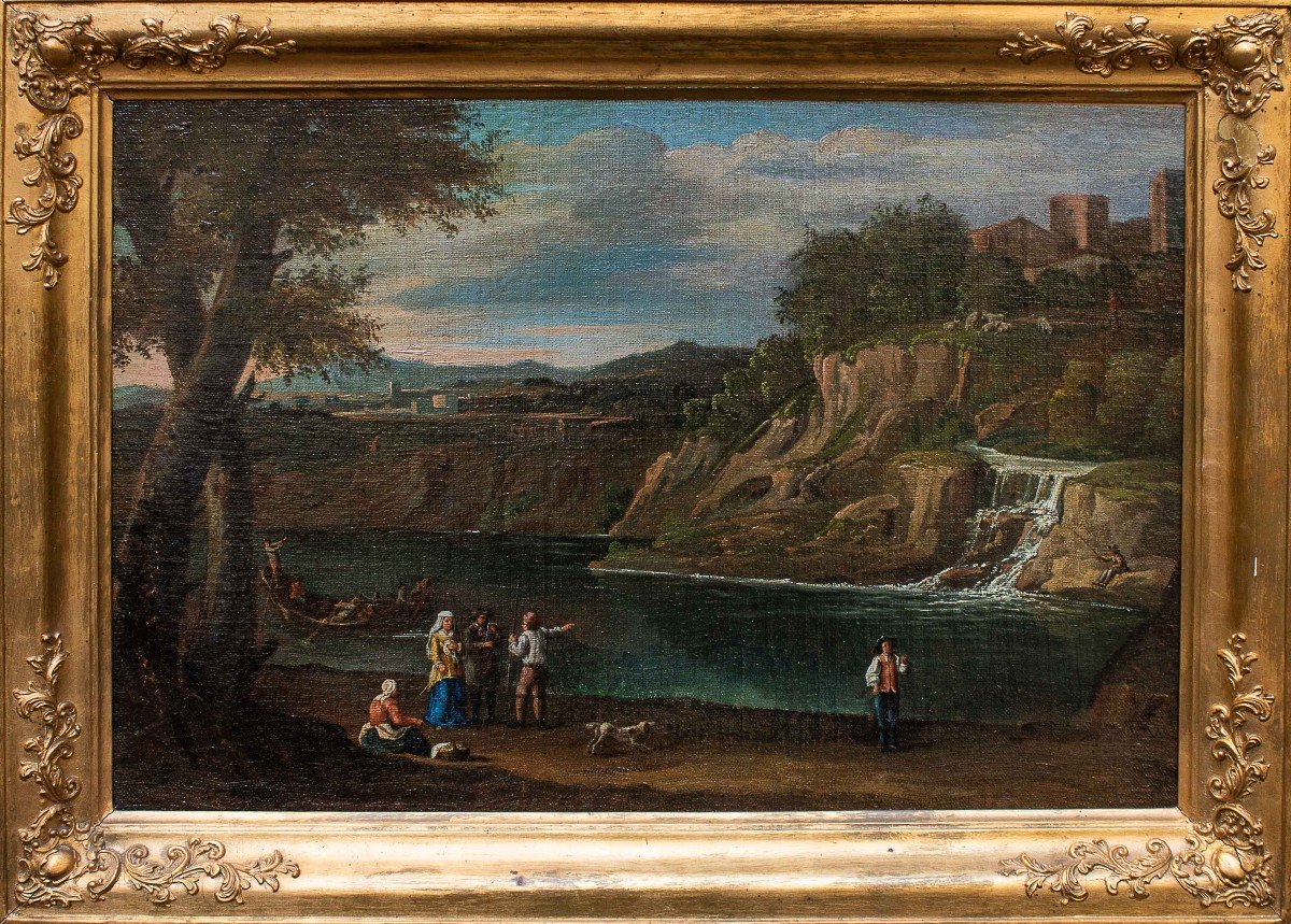 Eighteenth Century, Landscape With Figures At The Edge Of A River-photo-2