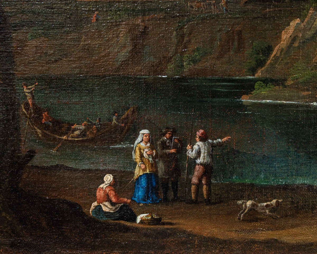 Eighteenth Century, Landscape With Figures At The Edge Of A River-photo-3