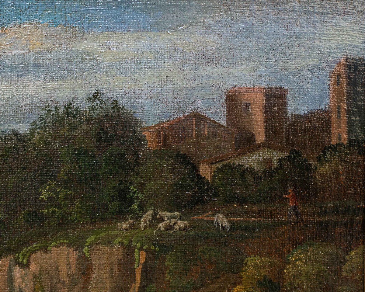 Eighteenth Century, Landscape With Figures At The Edge Of A River-photo-2