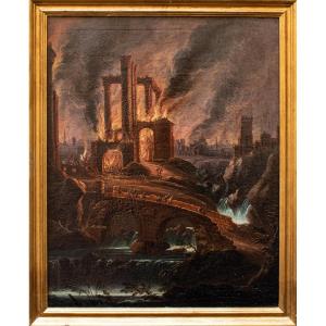 Giovanni Grevenbroeck, Dit Le Solfarolo (1650 - Post 1699), Scène D’incendie Avec Ruines