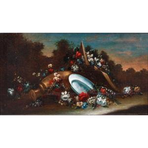 Nature morte avec des fleurs, de la vaisselle et de l’architecture en arrière-plan