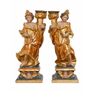 Début du 19éme siècle,  Couple d’anges de soutien-gorge en bois