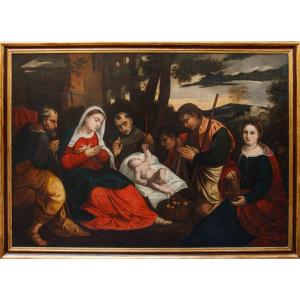 Atelier de Bonifacio de' Pitati, Adoration des pasteurs avec les saints François et Catherine