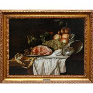 Follower Of G. Van Deynum, Still Life With Meat, Fruit And A Nautilus