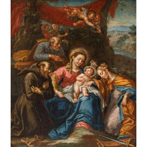 École romaine du XVIIe siècle, Sainte Famille avec Sainte Catherine et un Saint franciscain