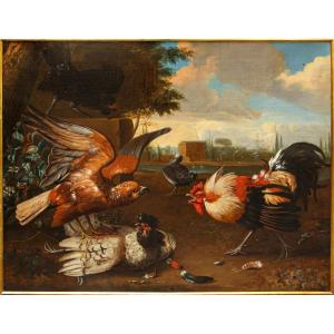 A Follower Of Melchior De Hondecoeter (1636–1695), 18th Century, A Rooster Defends A Hen