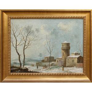 18th Century, Snowy Landscape With A Castle And Figures