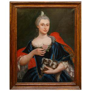 18th-century Lombard Painter, Portrait Of A Lady With A Small Dog And A Rose