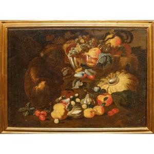 Bottega degli Spadino, Nature morte avec des fruits, citrouille et singe