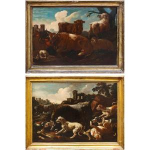 Jacob Roos, dit Rose de Naples, Berger avec des harpons - Taureau assailli par des chienes