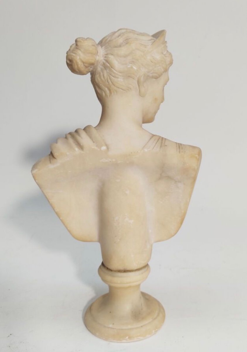 Marble Bust Sculpture On Pedestal Representing Draped Diana, Antique-19th Century-photo-3