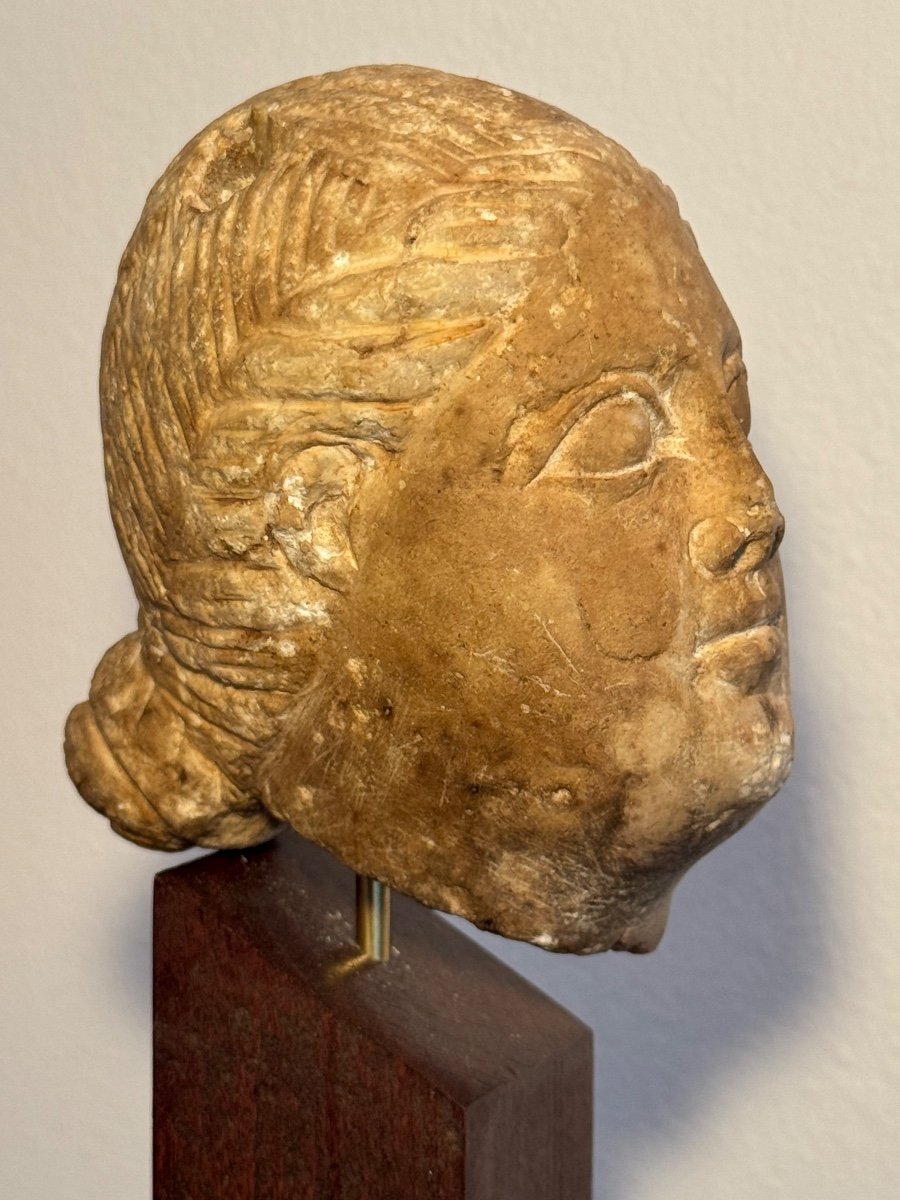 Sculpture, Female Head In Carved Marble, Roman Period, Antique, Archeology