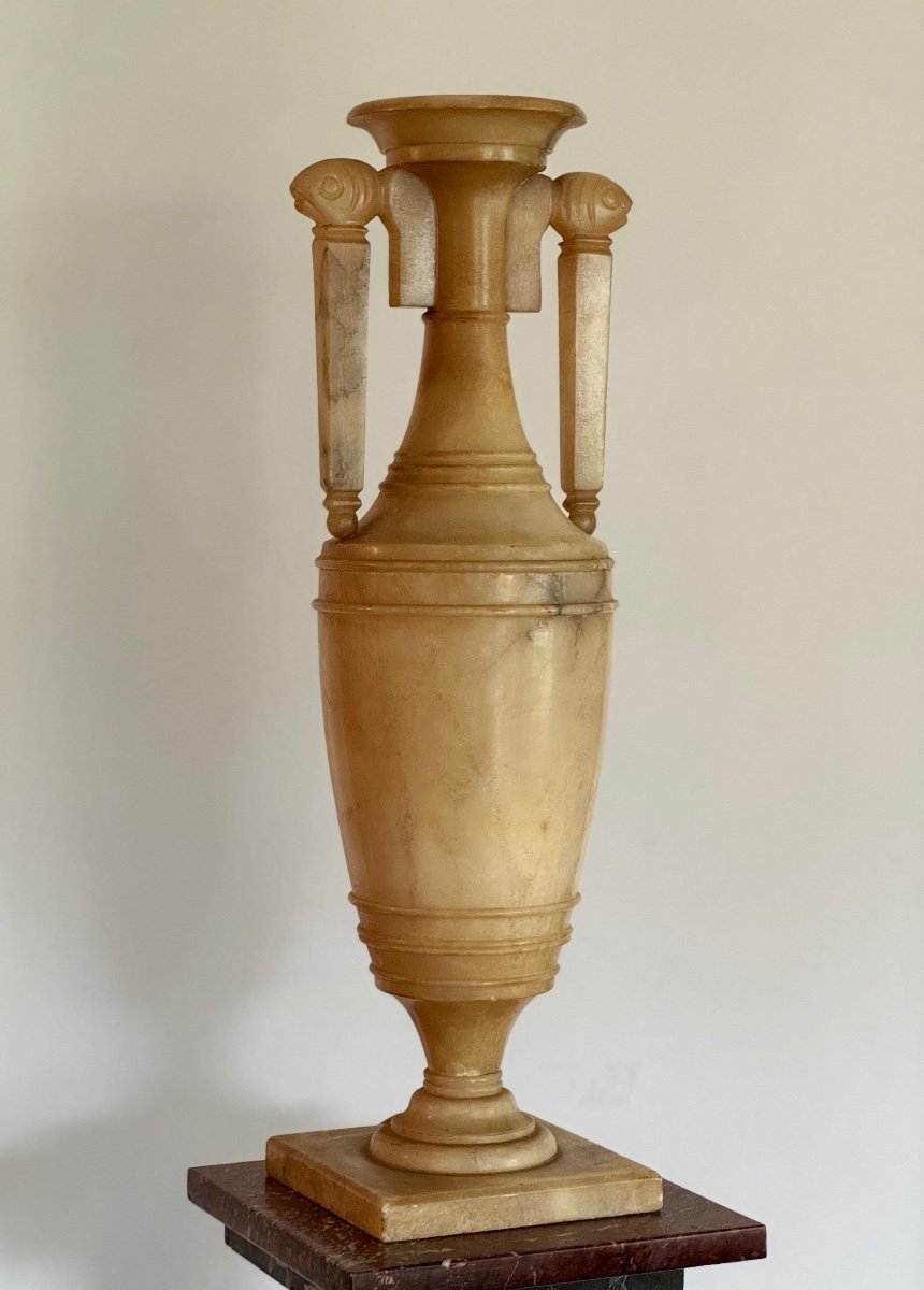 Lampe Urne Amphore En Albâtre Sculpté Espagne Art Déco Néoclassique Sculpture-photo-3