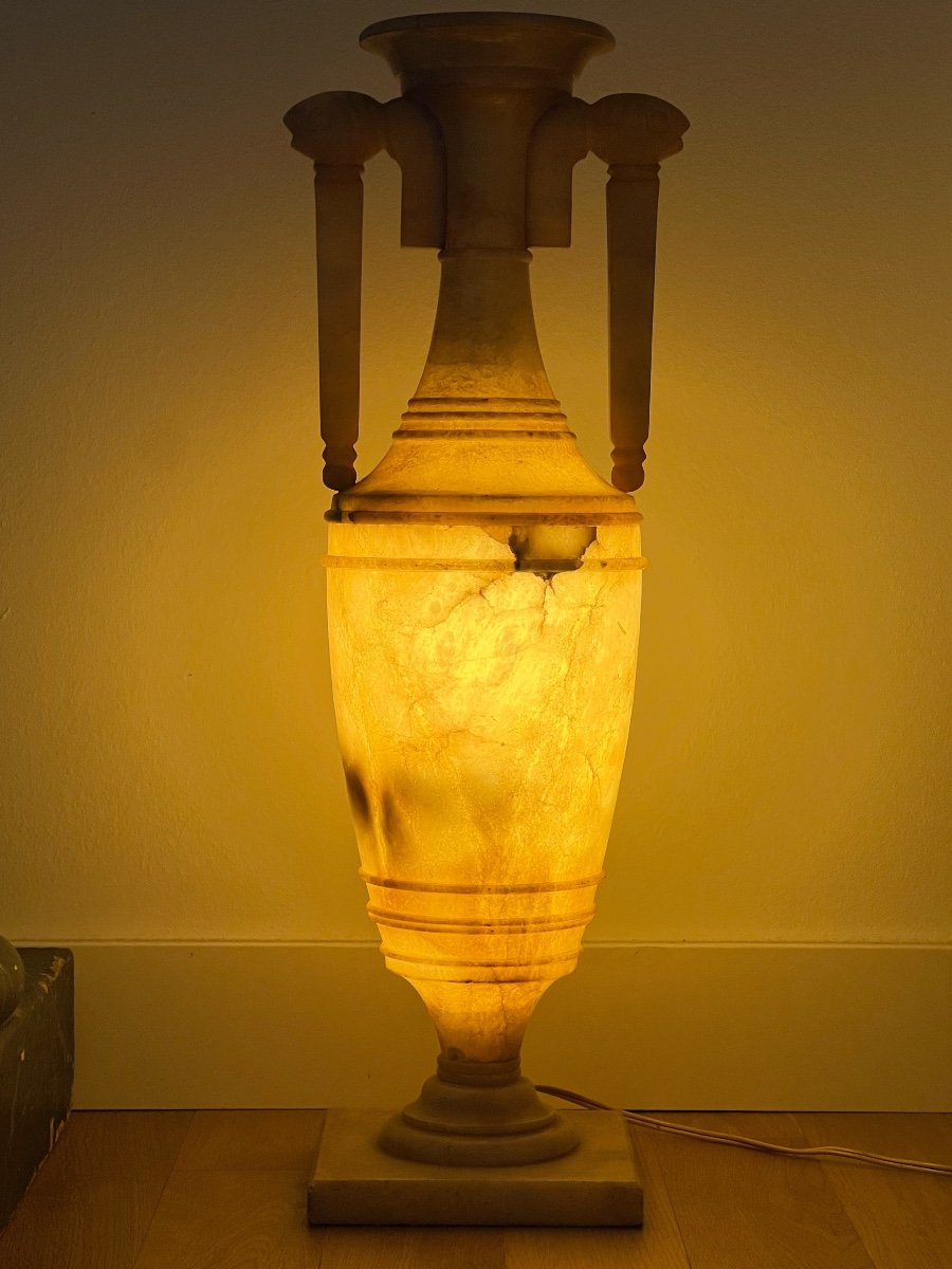 Lampe Urne Amphore En Albâtre Sculpté Espagne Art Déco Néoclassique Sculpture-photo-8