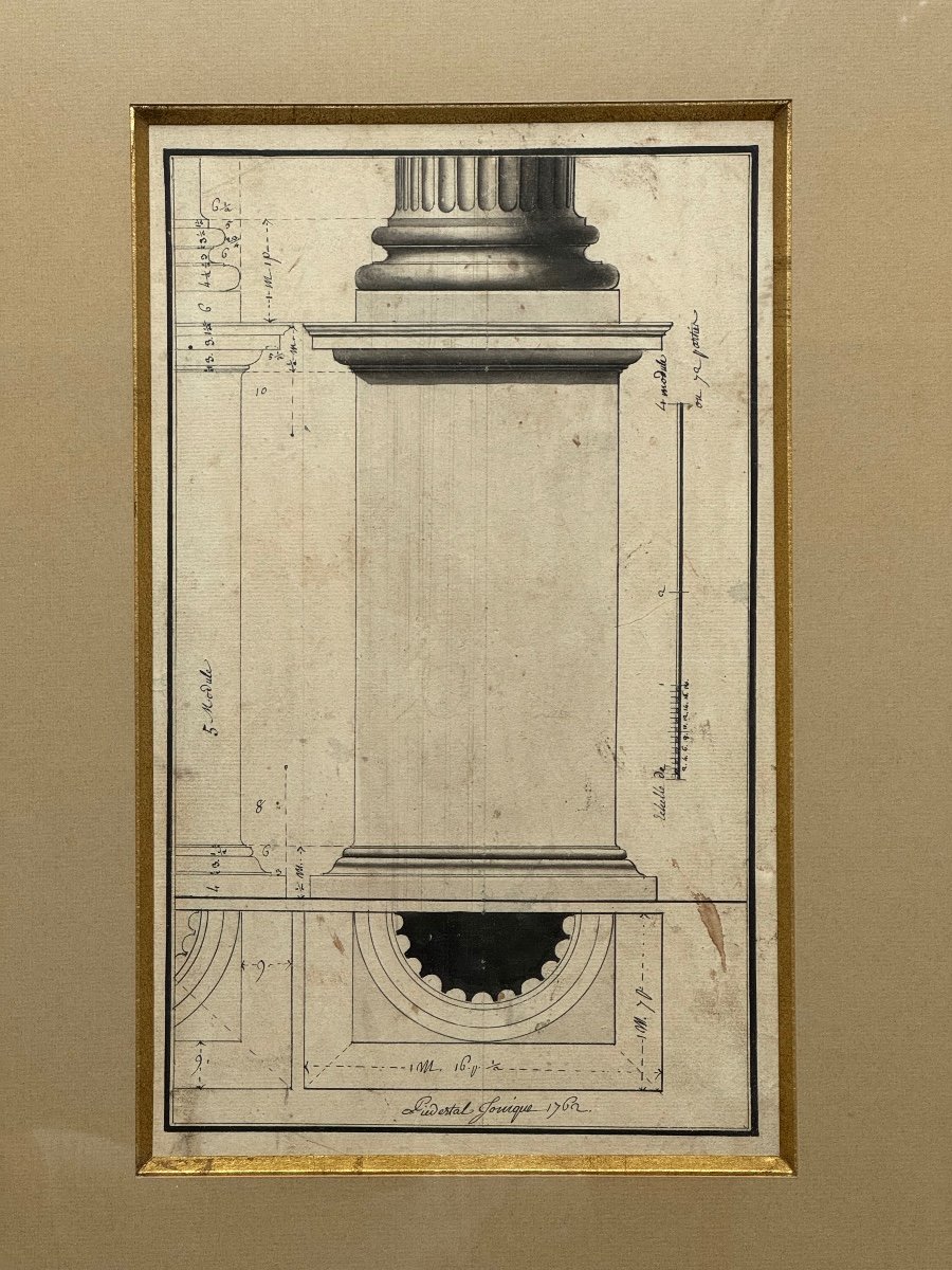 Dessin d'Architecture à l'Encre-piedestal Ionique-ecole Française Du XVIIIème Siècle-photo-2