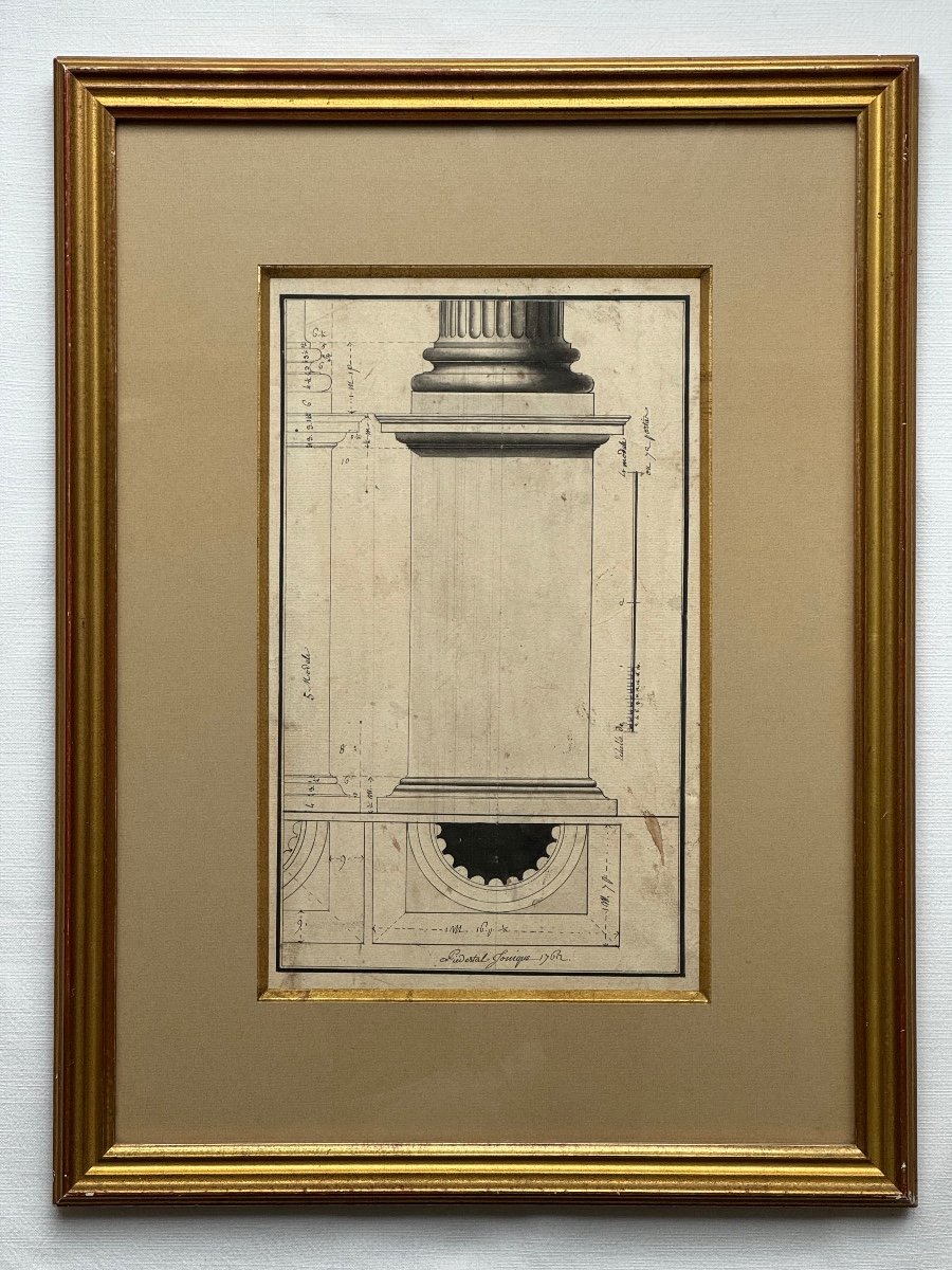 Dessin d'Architecture à l'Encre-piedestal Ionique-ecole Française Du XVIIIème Siècle