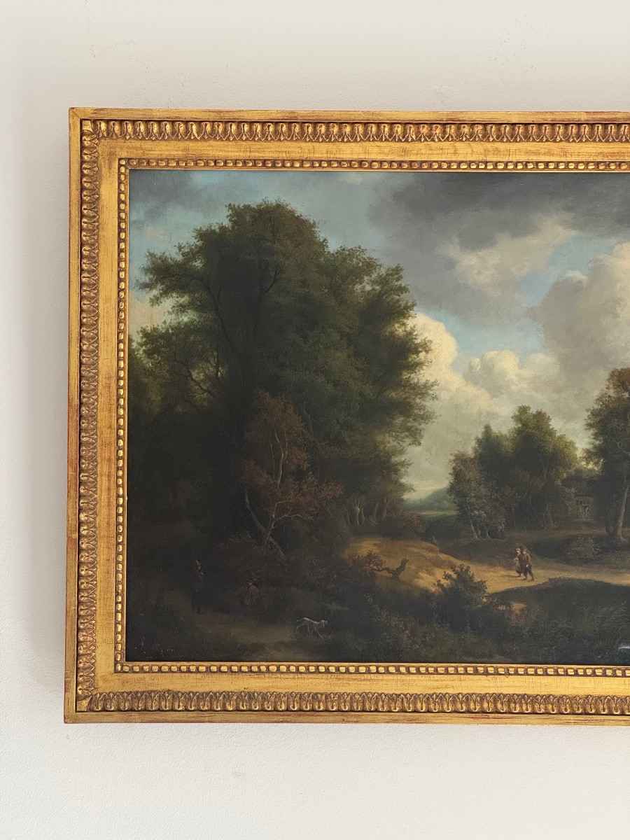 Oil On Canvas - Walkers - Landscape - French School Of The 19th Century - Louis XVI-photo-2