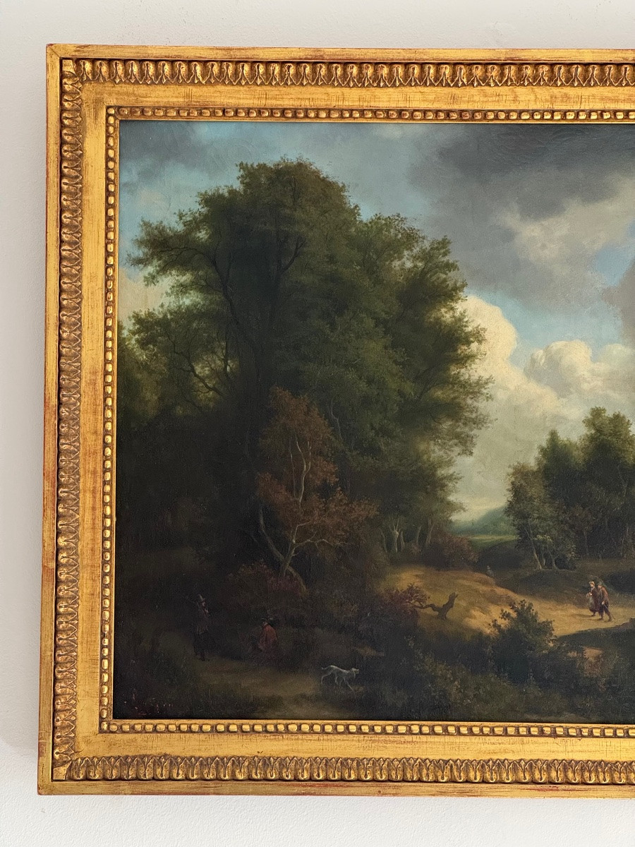 Oil On Canvas - Walkers - Landscape - French School Of The 19th Century - Louis XVI-photo-2