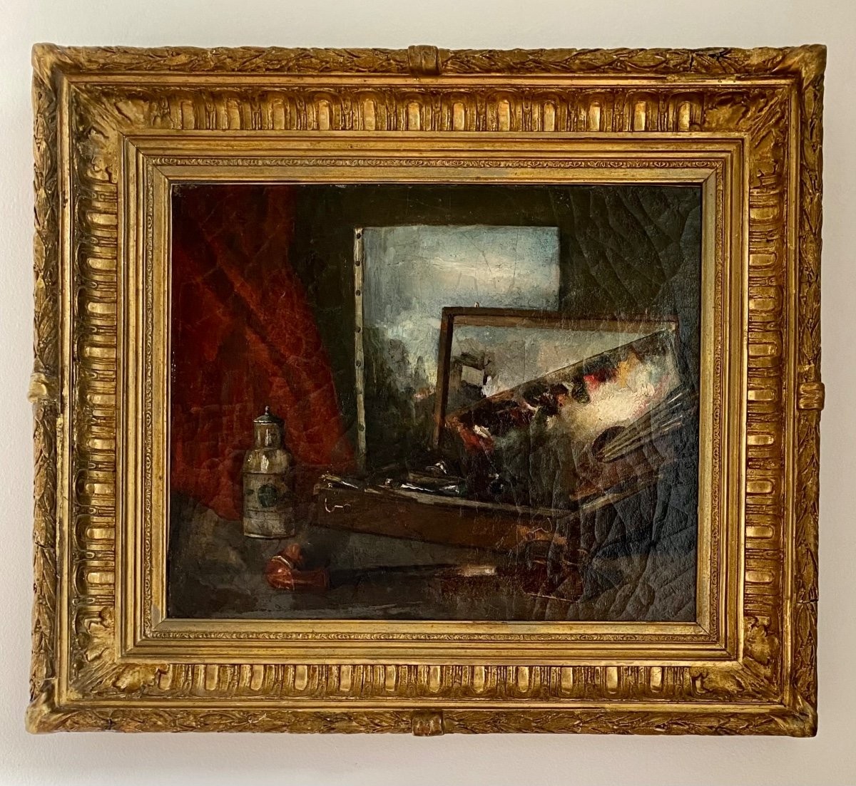 Still Life With Artist's Palette - Oil On Canvas - Romantic - 19th Century -photo-2