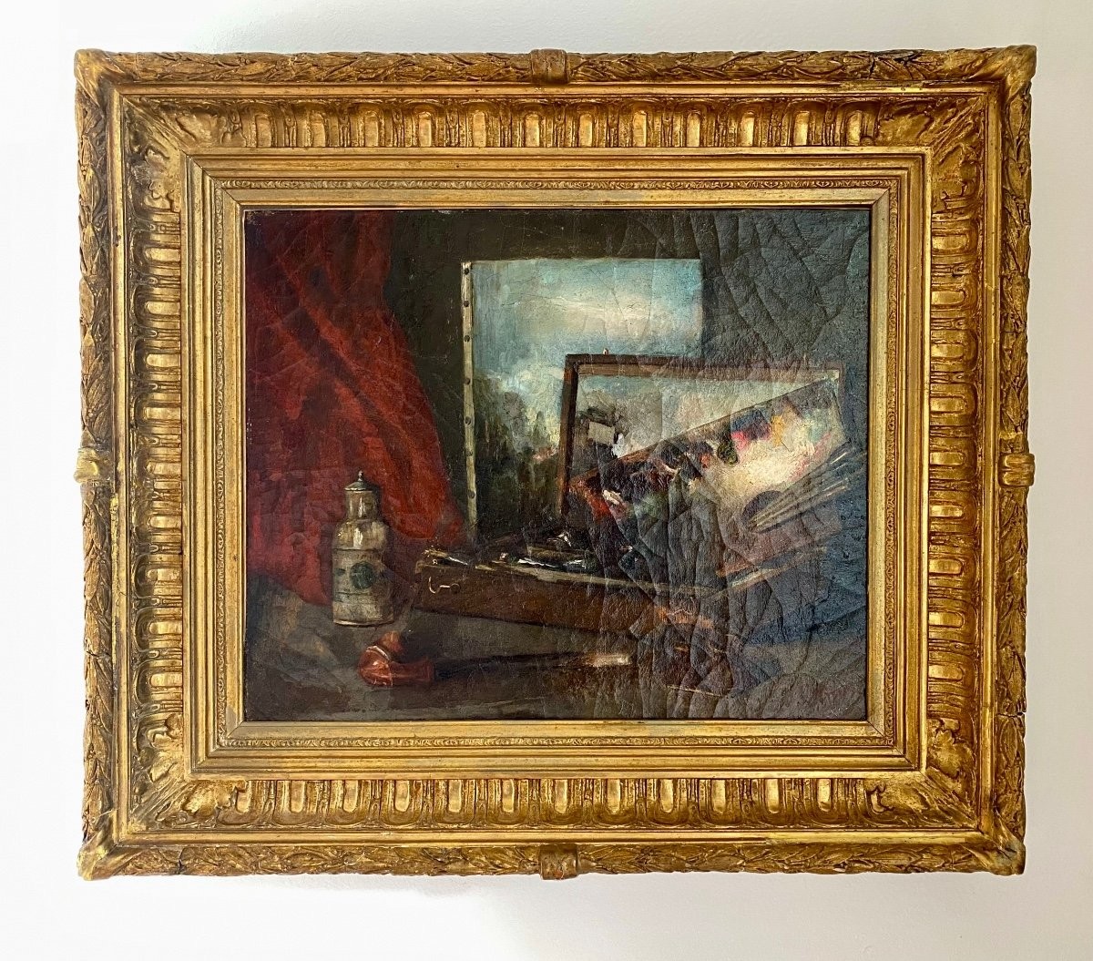 Still Life With Artist's Palette - Oil On Canvas - Romantic - 19th Century -photo-3