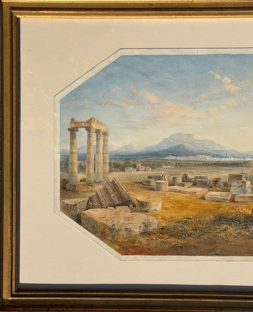 Vue de ruines-Baalbek au Liban (?)-Dessin-Aquarelle-École Anglaise-XIXe siècle-Temple-Antique-photo-3