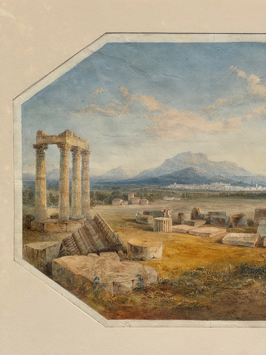 Vue de ruines-Baalbek au Liban (?)-Dessin-Aquarelle-École Anglaise-XIXe siècle-Temple-Antique-photo-4